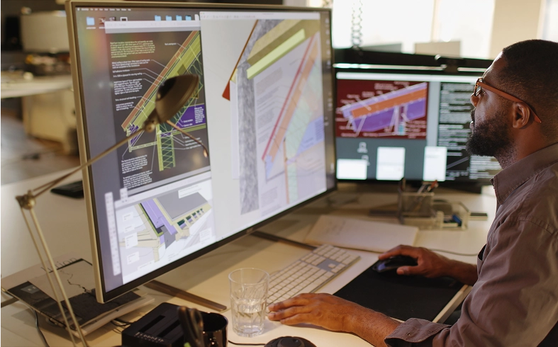 Man working on architectural designs at computer.